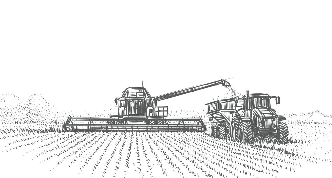 Combine Harvester and tractor working in field illustration. Vector.